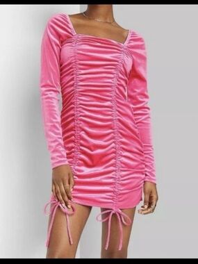 Y2K Pink Ruched Velvet Long Sleeve Mini Dress size Small